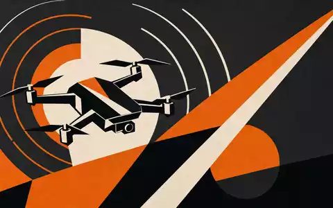 DroneShield Ltd (AU000000DRO1) als stilisiertes Bauhaus-Poster mit geometrischer Drohne und Radarwellen in Orange-Schwarz - Foto: THN