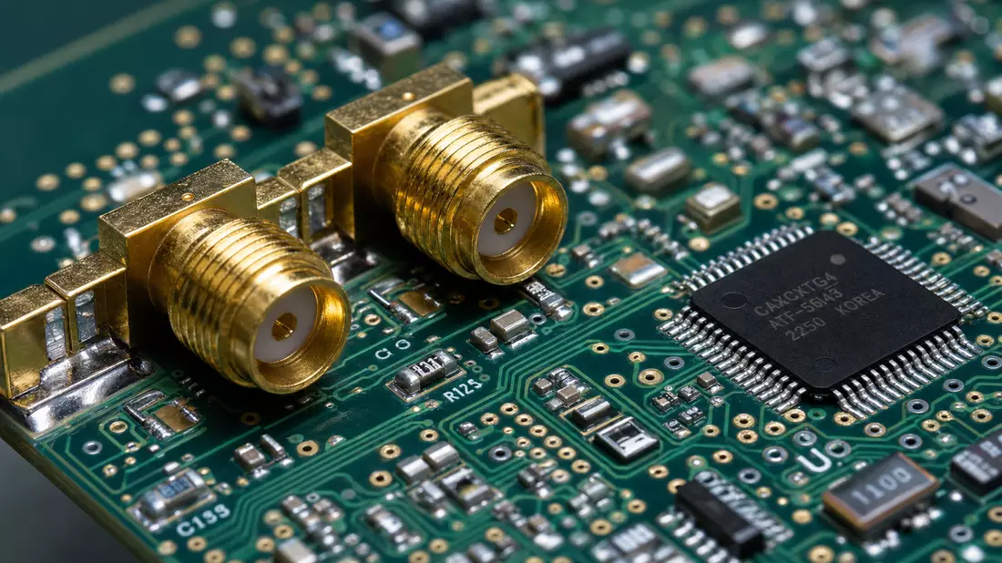 Extreme Makro-Nahaufnahme einer grünen HF-Platine mit vergoldeten SMA-Koaxialverbindern