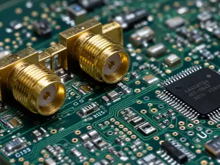 DroneShield Ltd (AU000000DRO1) zeigt eine Makro-Nahaufnahme einer HF-Platine mit goldenen SMA-Verbindern und Leiterbahnen - Foto: THN