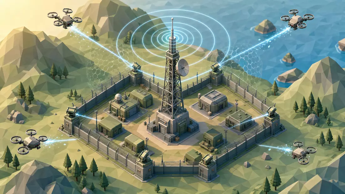 Isometrisches Low-Poly-Diorama mit Antennenmast, Schutzperimeter und angreifenden Mini-Quadcoptern