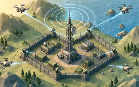 DroneShield Ltd (AU000000DRO1) als isometrisches Low-Poly-Diorama eines Schutzperimeters mit Antennenmast und Quadcoptern - Foto: THN
