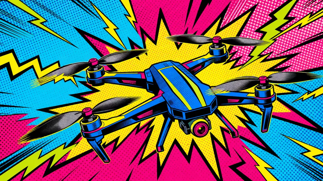 Knallbuntes Pop-Art-Comic mit stilisierter Drohne, Blitzwellen und Halftone-Punktraster in Signalfarben