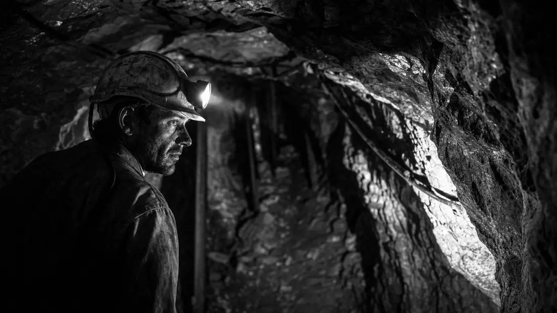 Schwarz-Weiß-Reportage: Bergmann mit Helm und Stirnlampe im dunklen Minentunnel