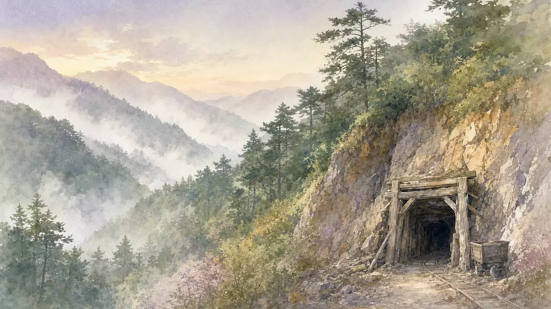 Aquarell einer koreanischen Berglandschaft mit Mineneinfahrt in weichen Pastelltönen