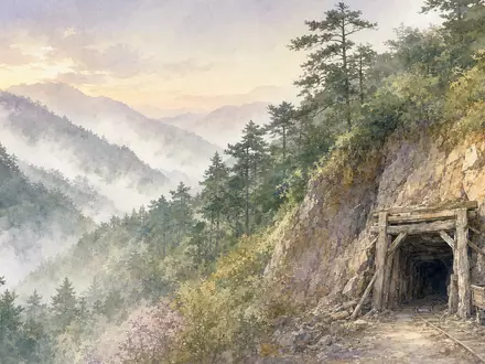 Almonty Industries Inc Minenstandort CA0203987072 als Aquarell mit koreanischer Berglandschaft und Einfahrt - Foto: THN