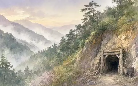 Almonty Industries Inc Minenstandort CA0203987072 als Aquarell mit koreanischer Berglandschaft und Einfahrt - Foto: THN