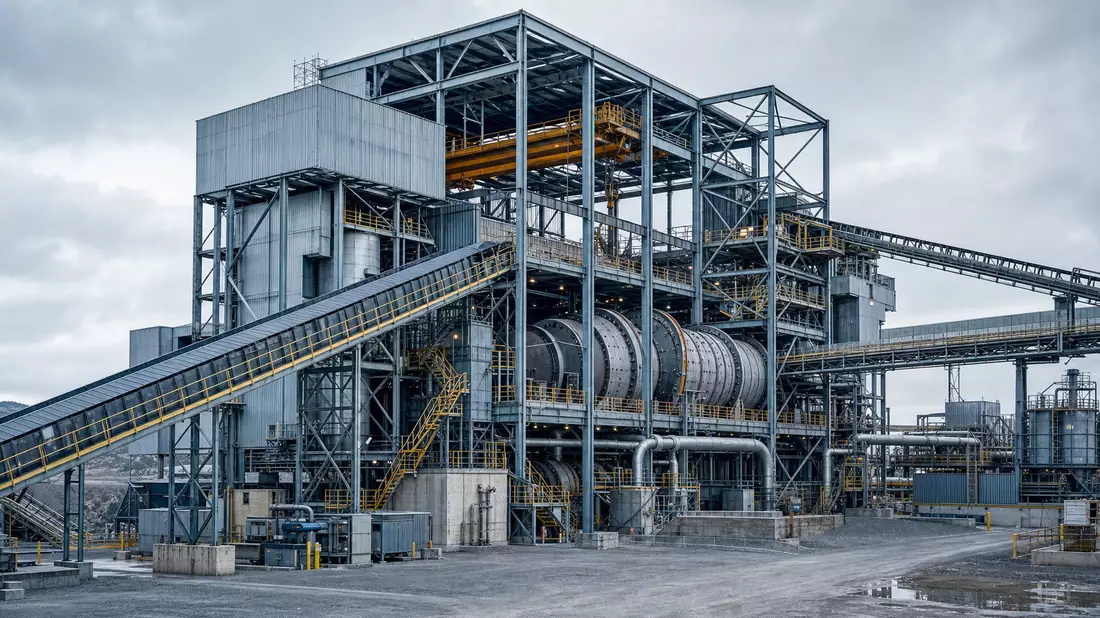 Industrielle Aufbereitungsanlage mit Stahlrahmen, Förderbändern und Verarbeitungstrommeln