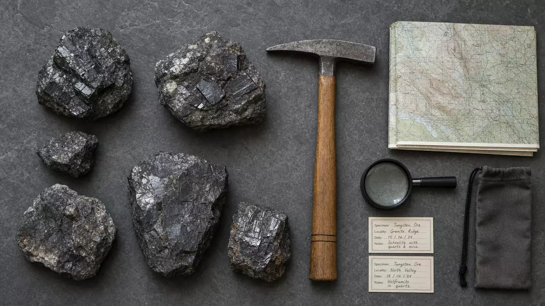 Flatlay mit dunklen Wolfram-Erzbrocken, Geologenhammer, Lupe und Topografiekarte auf Stein