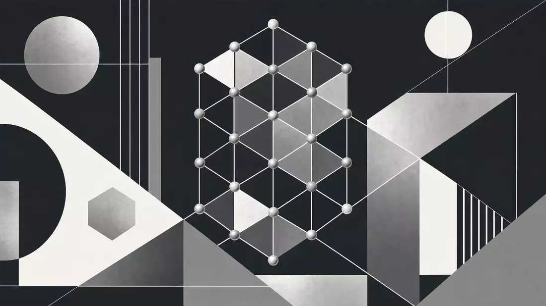 Bauhaus-Poster mit stilisierter Wolfram-Kristallstruktur in Anthrazit, Silber und Weiß