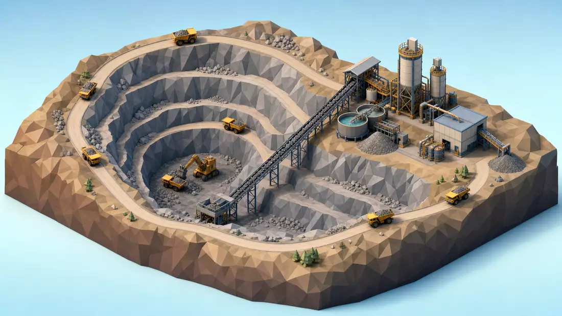 Isometrisches Low-Poly-Diorama einer Mine mit Tagebau, Förderband und Aufbereitungsanlage