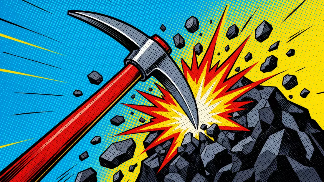 Pop-Art-Comic: stilisierte Spitzhacke schlägt auf Erzbrocken, Halftone-Punkte in Knallfarben
