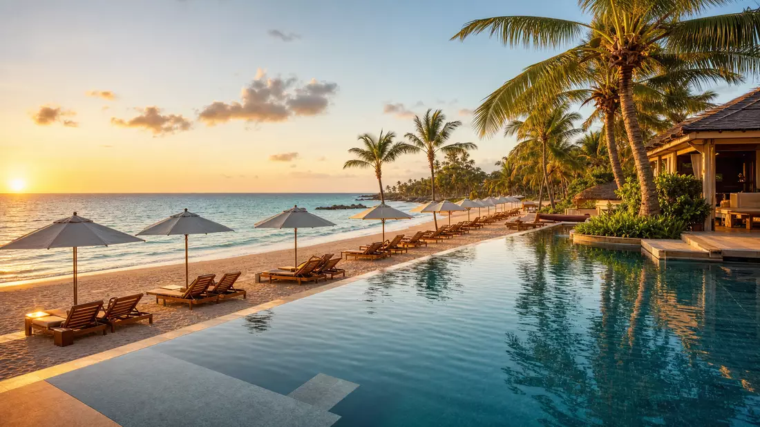 Strand-Resort mit Liegen und Palmen bei Sonnenuntergang, Touristik-Konzern Motiv