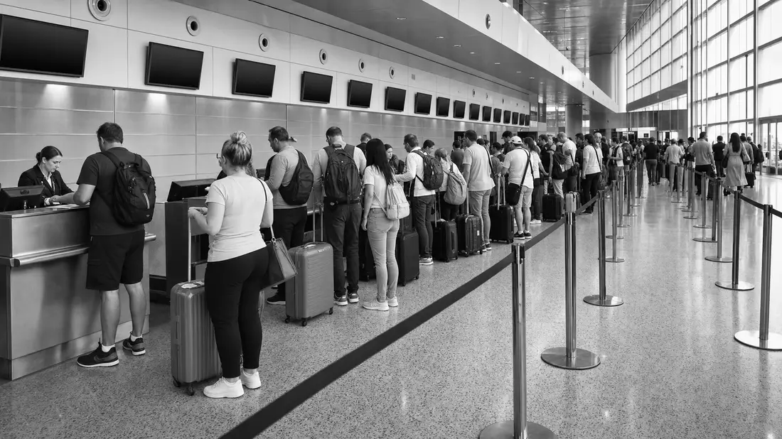 Schwarzweiß-Reportage: Reisende beim Check-in am Flughafen-Schalter mit Koffern