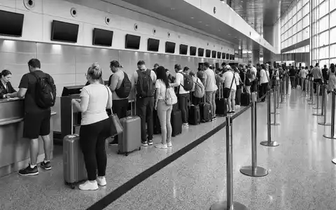 TUI AG (DE000TUAG505): Dokumentarische Schwarzweiß-Aufnahme zeigt Reisende beim Check-in am belebten Flughafen-Schalter - Foto: THN