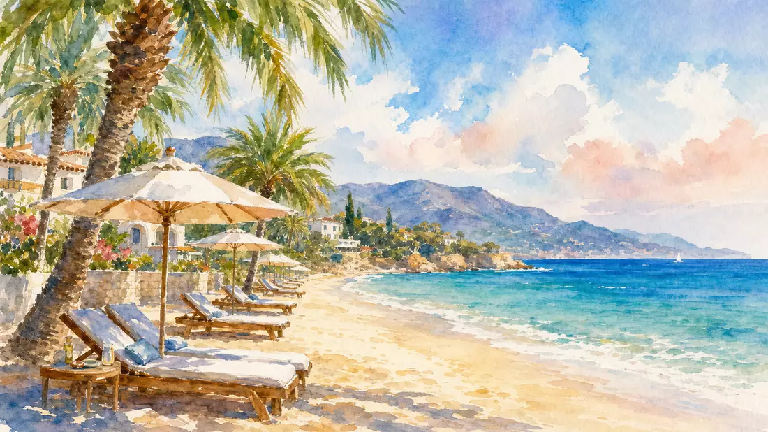 Aquarellmalerei mit Strandliegen und Palmen am Mittelmeer in sanften Pastellfarben