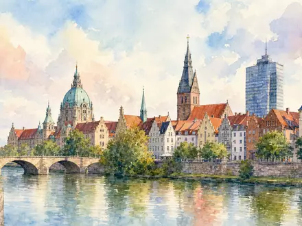 TUI AG (DE000TUAG505) notiert im MDAX an der Xetra, Firmensitz Hannover, hier als Aquarell-Stadtansicht dargestellt - Foto: THN