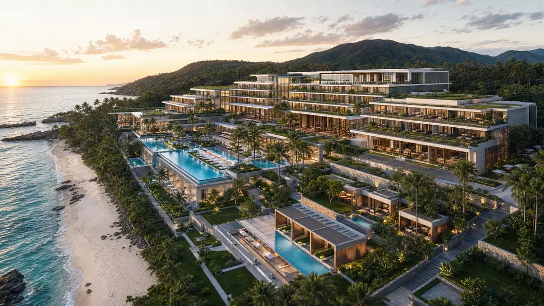Architektur-Render eines modernen Luxus-Strandresorts mit Pools und Gartenanlage