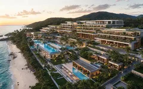 TUI AG (DE000TUAG505) präsentiert einen modernen Architektur-Render eines luxuriösen Strandresorts mit Pools und Gärten - Foto: THN