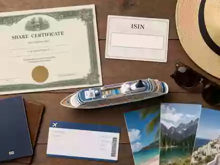 TUI AG (DE000TUAG505) Flatlay zeigt Aktienzertifikat, ISIN-Karte, Sonnenbrille, Kreuzfahrtschiff-Modell und Reisedokumente auf Holztisch - Foto: THN