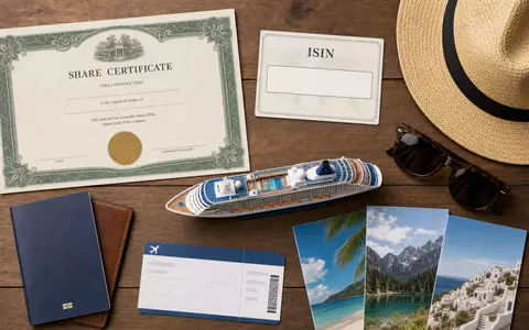 TUI AG (DE000TUAG505) Flatlay zeigt Aktienzertifikat, ISIN-Karte, Sonnenbrille, Kreuzfahrtschiff-Modell und Reisedokumente auf Holztisch - Foto: THN