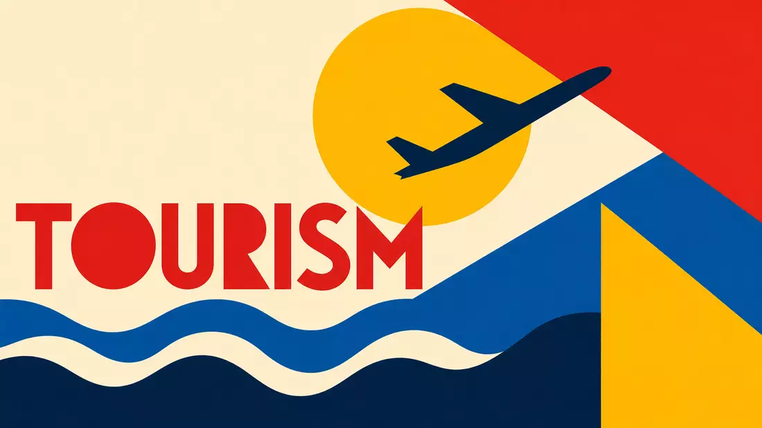 Bauhaus-Poster mit Sonne, Flugzeug-Silhouette, Wellen und Schriftzug TOURISM