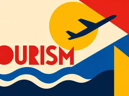 TUI AG (DE000TUAG505) inspiriert dieses geometrische Bauhaus-Poster mit Sonne, Flugzeug-Silhouette und dem Wort TOURISM - Foto: THN