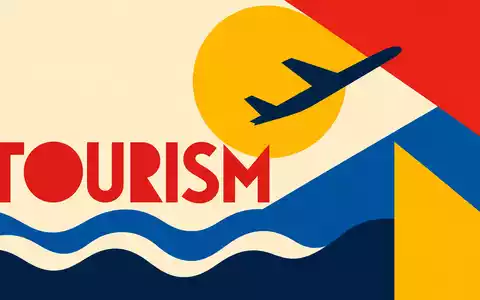 TUI AG (DE000TUAG505) inspiriert dieses geometrische Bauhaus-Poster mit Sonne, Flugzeug-Silhouette und dem Wort TOURISM - Foto: THN