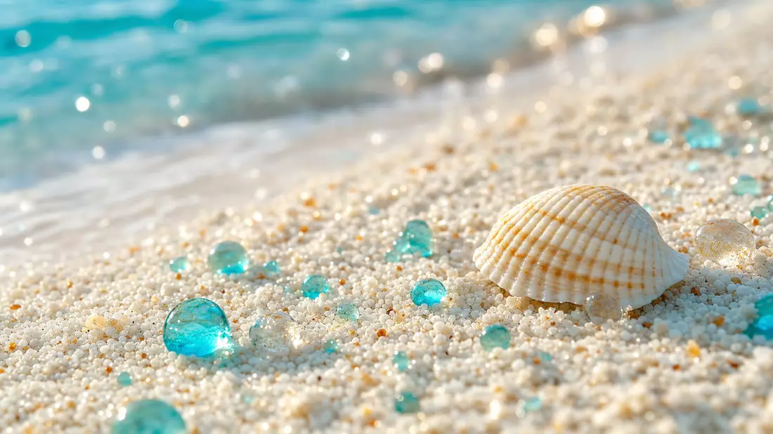 Makroaufnahme von feinem Sand mit Wassertropfen und Muschel am Strand