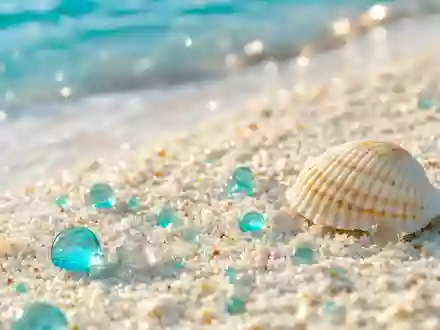 TUI AG (DE000TUAG505) Makroaufnahme zeigt feinen weißen Sand mit Wassertropfen und einer Muschel am Strand - Foto: THN