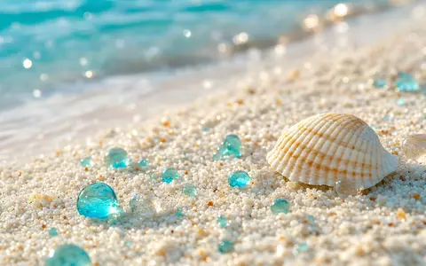 TUI AG (DE000TUAG505) Makroaufnahme zeigt feinen weißen Sand mit Wassertropfen und einer Muschel am Strand - Foto: THN