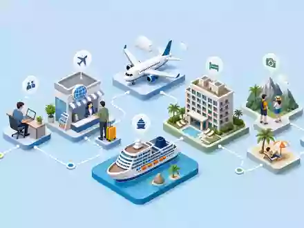 TUI AG (DE000TUAG505) illustriert isometrisch die touristische Wertschöpfungskette von Reisebüro über Flug bis Hotel - Foto: THN