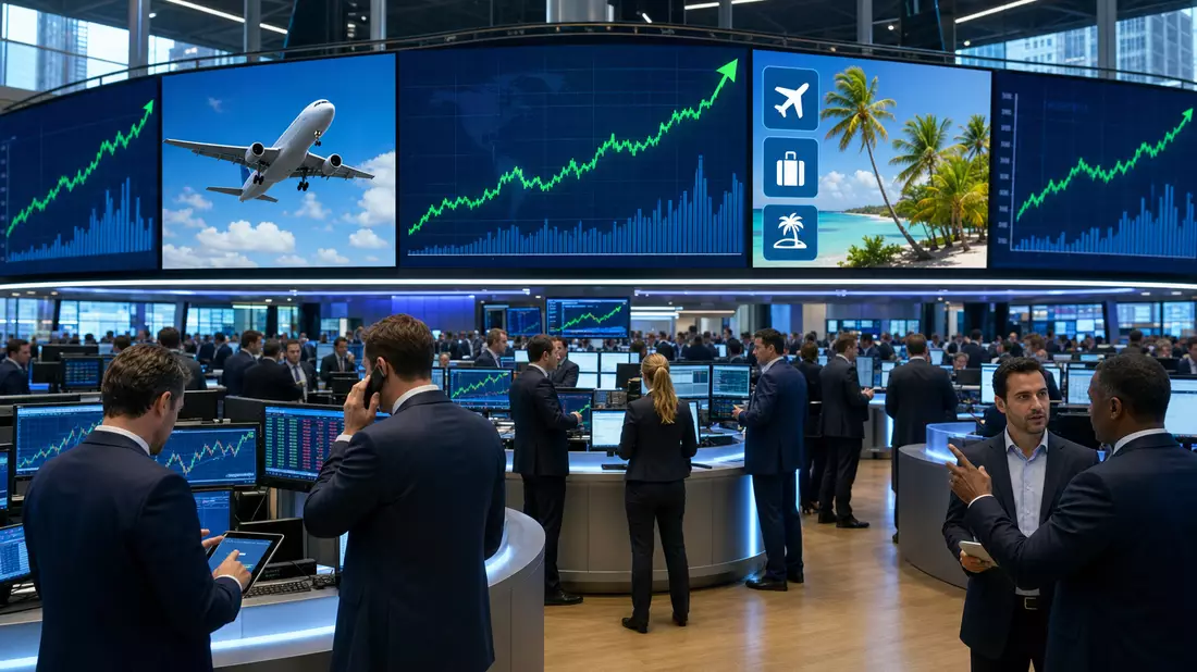 Börsen-Editorial: Trading-Floor mit Charts zur Touristikbranche, Flugzeug und Strand