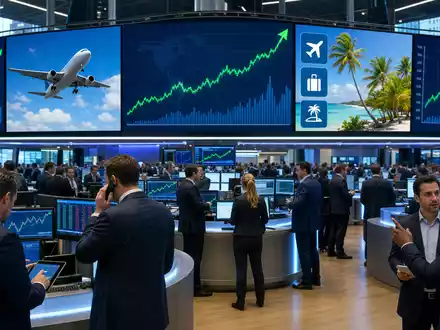 TUI AG (DE000TUAG505) Börsen-Editorial zeigt Trading-Floor in Frankfurt mit Charts zur Touristikbranche und steigenden Kursen - Foto: THN
