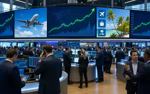 TUI AG (DE000TUAG505) Börsen-Editorial zeigt Trading-Floor in Frankfurt mit Charts zur Touristikbranche und steigenden Kursen - Foto: THN