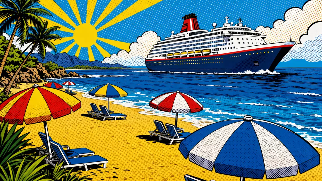 Pop-Art-Comic mit buntem Kreuzfahrtschiff, Strandschirmen und Palmen am Meer