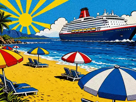 TUI AG (DE000TUAG505) Pop-Art-Comic zeigt buntes Kreuzfahrtschiff, Strandschirme und Palmen im Retro-Halbtonstil am Meer - Foto: THN