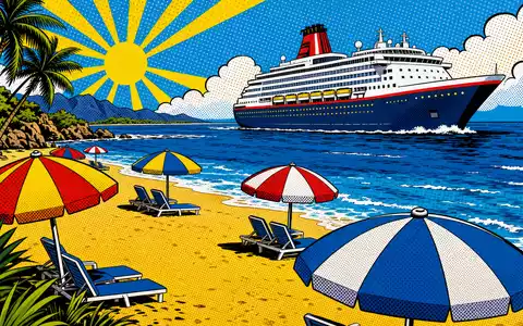 TUI AG (DE000TUAG505) Pop-Art-Comic zeigt buntes Kreuzfahrtschiff, Strandschirme und Palmen im Retro-Halbtonstil am Meer - Foto: THN