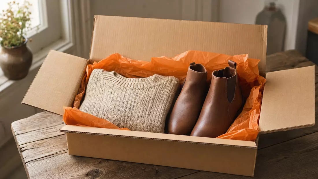 Karton mit orangem Innenfutter, Strickpullover und Lederstiefeletten auf Holztisch