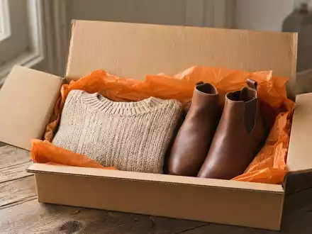 Zalando SE (DE000ZAL1111) – geöffneter Karton mit orangefarbenem Seidenpapier und modischer Kleidung auf rustikalem Holztisch - Foto: THN