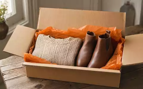 Zalando SE (DE000ZAL1111) – geöffneter Karton mit orangefarbenem Seidenpapier und modischer Kleidung auf rustikalem Holztisch - Foto: THN