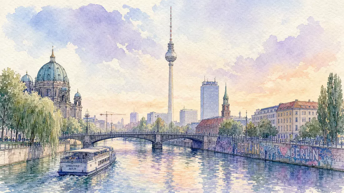 Aquarell Berliner Skyline mit Fernsehturm und Spree, Pastellfarben in Blau und Rosa