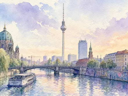 Zalando SE (DE000ZAL1111) – Berliner Skyline mit Fernsehturm und Spree in weichen Aquarell-Pastelltönen gemalt - Foto: THN