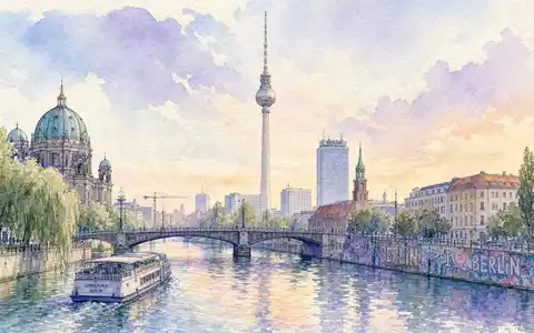Zalando SE (DE000ZAL1111) – Berliner Skyline mit Fernsehturm und Spree in weichen Aquarell-Pastelltönen gemalt - Foto: THN