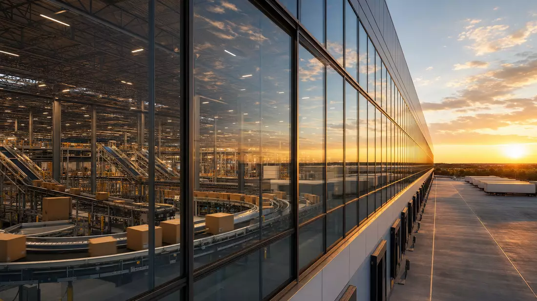 Modernes Logistikzentrum mit Glasfront und Förderbändern, Sonnenuntergang im Hintergrund
