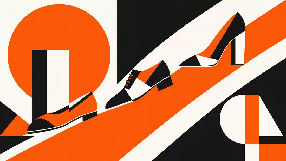 Bauhaus-Poster mit geometrischen Schuhsilhouetten in Orange, Schwarz und Weiß
