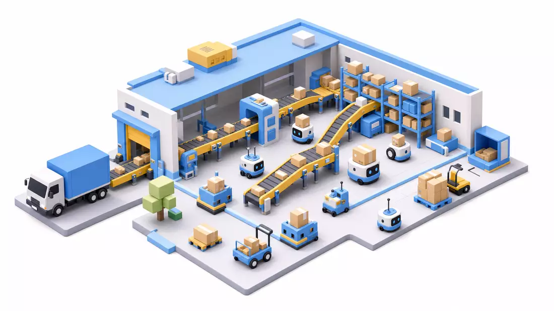 Isometrisches 3D Low-Poly Logistikzentrum mit Förderbändern und niedlichen Lagerrobotern