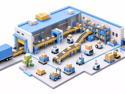 Zalando SE (DE000ZAL1111) – isometrisches Low-Poly-Logistikzentrum mit gelben Förderbändern und autonomen Lager-Robotern - Foto: THN