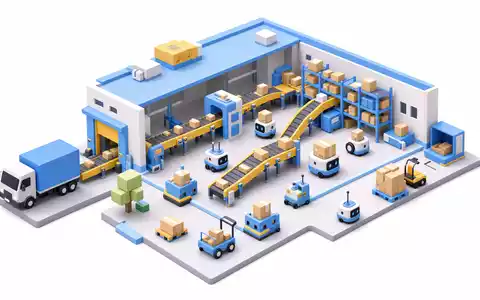 Zalando SE (DE000ZAL1111) – isometrisches Low-Poly-Logistikzentrum mit gelben Förderbändern und autonomen Lager-Robotern - Foto: THN