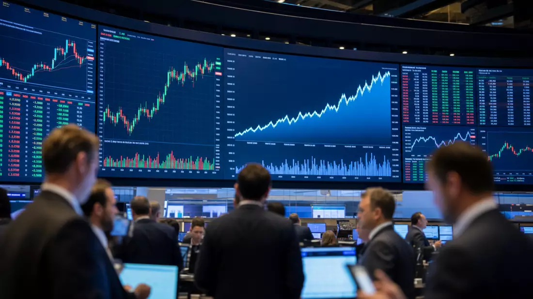 Börsen-Trading-Floor mit Kursanzeigetafel, E-Commerce-Wachstumskurve und Händlern