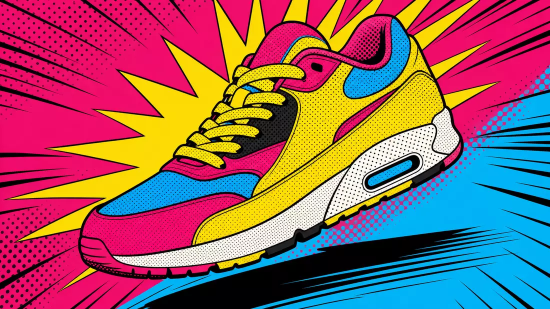 Pop-Art-Comic Sneaker in Halftone-Punktraster, Knallgelb, Pink und Cyan auf Speedlines